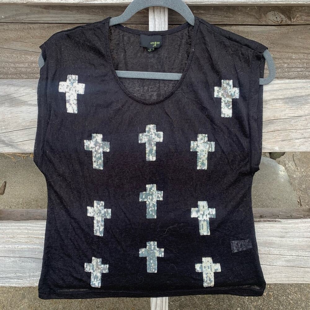 Y2K Umgee black sheer sleeveless blouse w/ sequin cross cowgirl rodeo SMALL